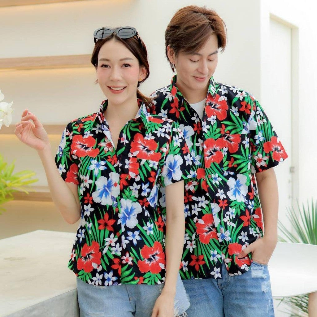PINK06 เสื้อเชิ้ตลายดอก ผ้าคอตตอน100% สีไม่ตก ผ้าไม่หด ลายคมชัด มีไซส์หญิงชาย 34-56นิ้ว งานป้ายKTIER*1ตัว*