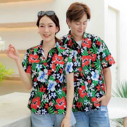 PINK06 เสื้อเชิ้ตลายดอก ผ้าคอตตอน100% สีไม่ตก ผ้าไม่หด ลายคมชัด มีไซส์หญิงชาย 34-56นิ้ว งานป้ายKTIER*1ตัว*