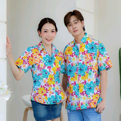Pink011 เสื้อเชิ้ตลายดอก ผ้าคอตตอน100% สีไม่ตก ผ้าไม่หด ลายคมชัด มีไซส์หญิงชาย 34-56นิ้ว งานป้ายKTIER*1ตัว*