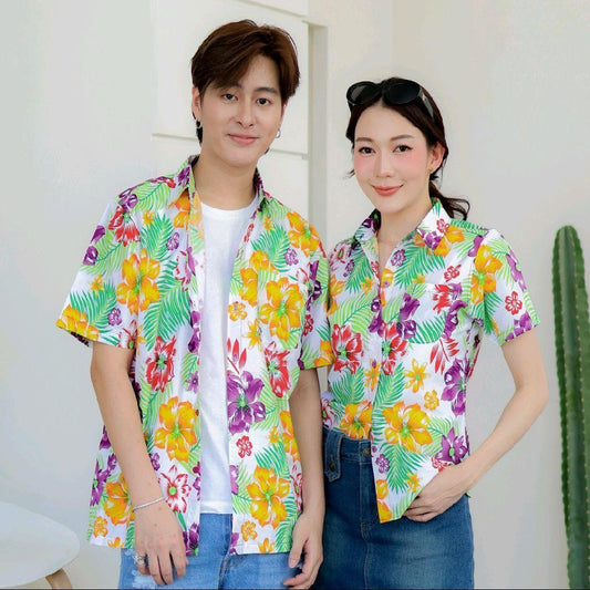 PINK017 เสื้อเชิ้ตลายดอก ผ้าคอตตอน100% สีไม่ตก ผ้าไม่หด ลายคมชัด มีไซส์หญิงชาย S-5XL  งาน   ป้ายKTIER*1ตัว*