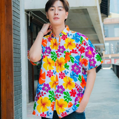 Pink02 เสื้อเชิ้ตลายดอก ผ้าคอตตอน100% สีไม่ตก ผ้าไม่หด มีไซส์หญิงชาย S-6XL งานป้ายKTIERออกแบบเอง*1ตัว*