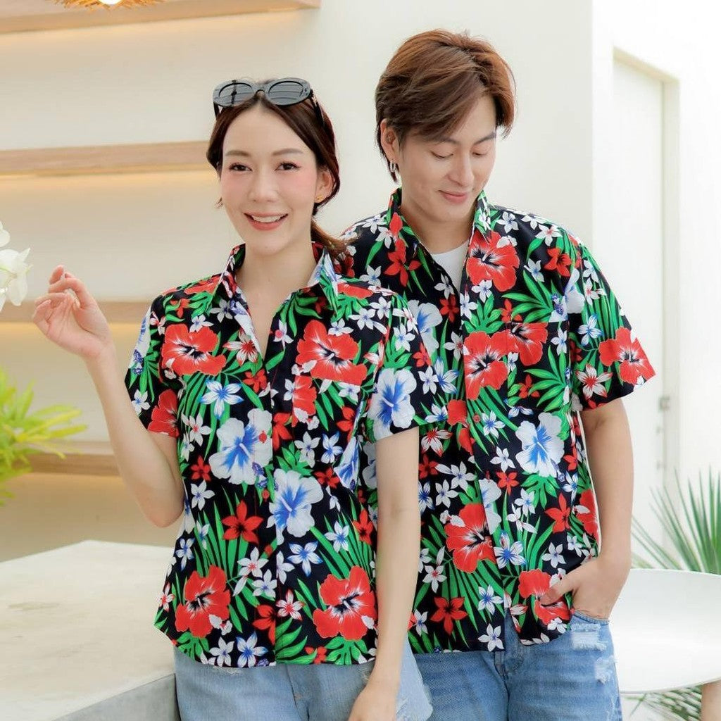 PINK06 เสื้อเชิ้ตลายดอก ผ้าคอตตอน100% สีไม่ตก ผ้าไม่หด ลายคมชัด มีไซส์หญิงชาย 34-56นิ้ว งานป้ายKTIER*1ตัว*