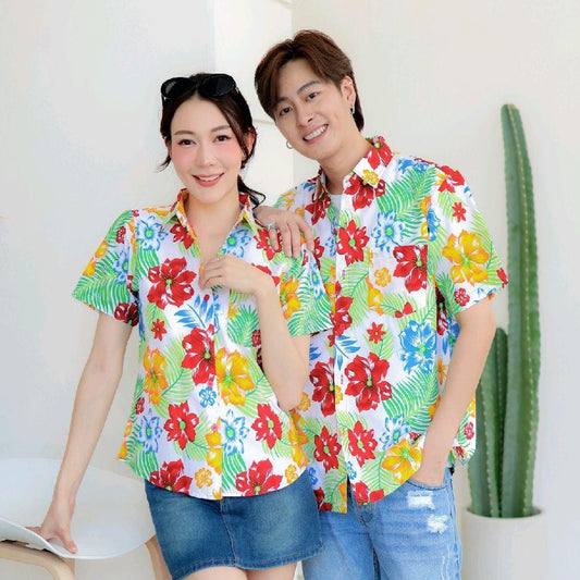 PINK017 เสื้อเชิ้ตลายดอก ผ้าคอตตอน100% สีไม่ตก ผ้าไม่หด ลายคมชัด มีไซส์หญิงชาย S-5XL  งาน   ป้ายKTIER*1ตัว*