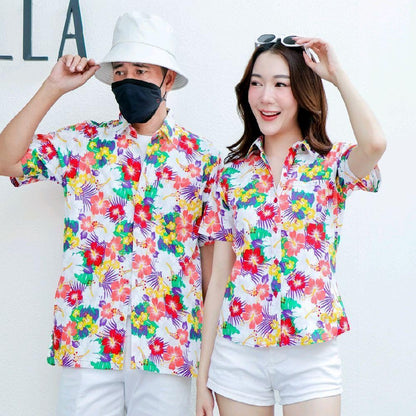 PINK026เสื้อเชิ้ตลายดอก ผ้าคอตตอน100% สีไม่ตก ผ้าไม่หด ไซส์หญิงชาย S-5XL งานป้ายKTIER**1ตัว**