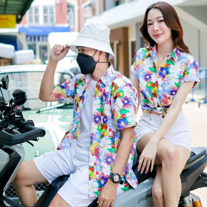 PINK026เสื้อเชิ้ตลายดอก ผ้าคอตตอน100% สีไม่ตก ผ้าไม่หด ไซส์หญิงชาย S-5XL งานป้ายKTIER**1ตัว**