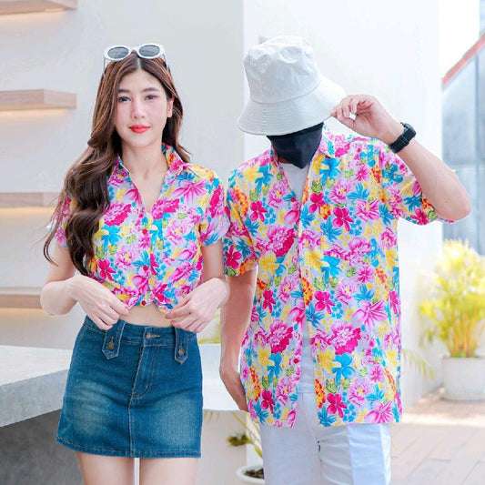 PINK013 เสื้อเชิ้ตลายดอก ผ้าคอตตอน100% สีไม่ตก ผ้าไม่หด ลายคมชัด มีไซส์หญิงชาย S-5XL งานป้าย KTIER*1ตัว*