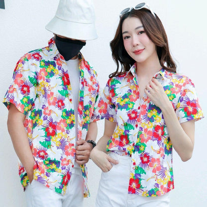 PINK026เสื้อเชิ้ตลายดอก ผ้าคอตตอน100% สีไม่ตก ผ้าไม่หด ไซส์หญิงชาย S-5XL งานป้ายKTIER**1ตัว**