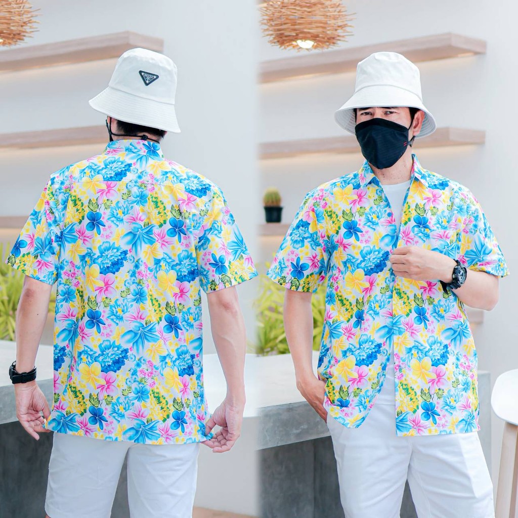 PINKเสื้อเชิ้ตลายดอกผู้ชาย ทรงตรง ผ้าคอตตอน100% สีไม่ตก ผ้าไม่หด ลายคมชัด งานป้าย