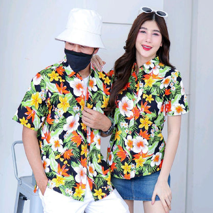 Pink04 เสื้อเชิ้ตลายดอก ผ้าคอตตอน100% สีไม่ตก ผ้าไม่หด ลายคมชัด มีไซส์หญิงชาย 34-54นิ้ว งานป้ายKTIER*1ตัว*