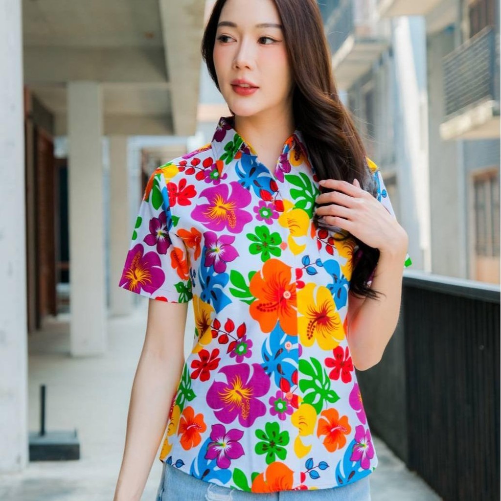 Pink02 เสื้อเชิ้ตลายดอก ผ้าคอตตอน100% สีไม่ตก ผ้าไม่หด มีไซส์หญิงชาย S-6XL งานป้ายKTIERออกแบบเอง*1ตัว*
