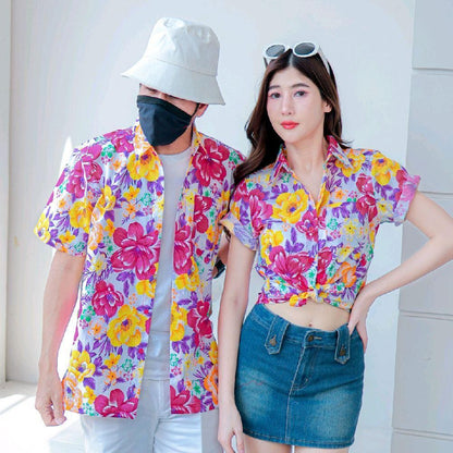 Pink011 เสื้อเชิ้ตลายดอก ผ้าคอตตอน100% สีไม่ตก ผ้าไม่หด ลายคมชัด มีไซส์หญิงชาย 34-56นิ้ว งานป้ายKTIER*1ตัว*