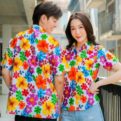 Pink02 เสื้อเชิ้ตลายดอก ผ้าคอตตอน100% สีไม่ตก ผ้าไม่หด มีไซส์หญิงชาย S-6XL งานป้ายKTIERออกแบบเอง*1ตัว*