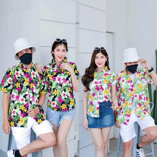 Pink04 เสื้อเชิ้ตลายดอก ผ้าคอตตอน100% สีไม่ตก ผ้าไม่หด ลายคมชัด มีไซส์หญิงชาย 34-54นิ้ว งานป้ายKTIER*1ตัว*