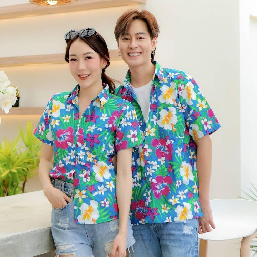 PINK06 เสื้อเชิ้ตลายดอก ผ้าคอตตอน100% สีไม่ตก ผ้าไม่หด ลายคมชัด มีไซส์หญิงชาย 34-56นิ้ว งานป้ายKTIER*1ตัว*