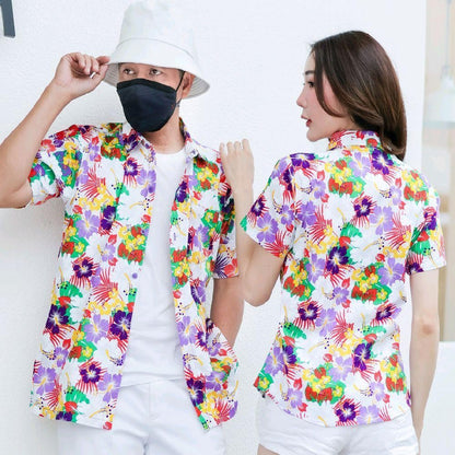 PINK026เสื้อเชิ้ตลายดอก ผ้าคอตตอน100% สีไม่ตก ผ้าไม่หด ไซส์หญิงชาย S-5XL งานป้ายKTIER**1ตัว**
