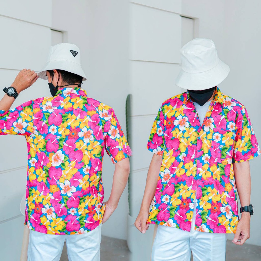 PINKเสื้อเชิ้ตลายดอกผู้ชาย ทรงตรง ผ้าคอตตอน100% สีไม่ตก ผ้าไม่หด ลายคมชัด งานป้าย