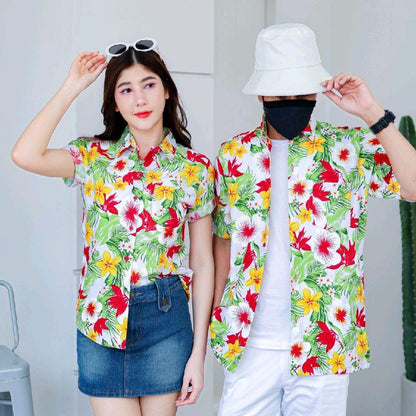Pink04 เสื้อเชิ้ตลายดอก ผ้าคอตตอน100% สีไม่ตก ผ้าไม่หด ลายคมชัด มีไซส์หญิงชาย 34-54นิ้ว งานป้ายKTIER*1ตัว*