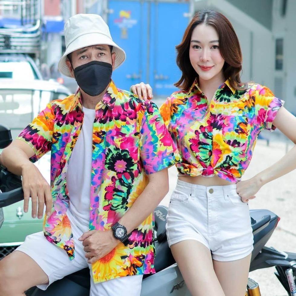 PING032เสื้อเชิ้ตลายมัดย้อม ผ้าคอตตอน100% สีไม่ตก ผ้าไม่หด ลายคมชัด มีไซส์หญิงชาย S-5XL งานป้าย**1ตัว**