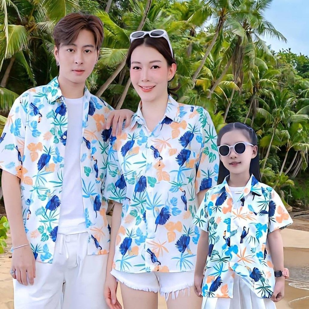 PINK109# เสื้อฮาวาย ทรงวัยรุ่น หญิงชายใส่ได้ ผ้าโพลีพรีเมี่ยม ไซส์เด็ก-ผู้ใหญ่ งานป้าย ลายคมชัด **1ตัว**