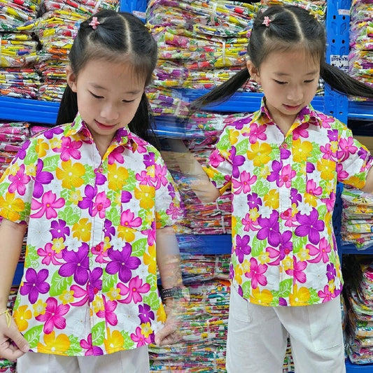 K021เสื้อสงกรานต์เด็กลายดอก ผ้าคอตตอน100% ลายคมชัดสีไม่ตก