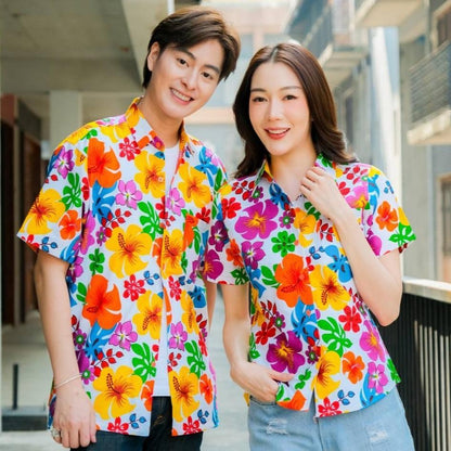 Pink02 เสื้อเชิ้ตลายดอก ผ้าคอตตอน100% สีไม่ตก ผ้าไม่หด มีไซส์หญิงชาย S-6XL งานป้ายKTIERออกแบบเอง*1ตัว*