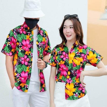 PINK024 เสื้อเชิ้ตลายดอกผ้าคอตตอน100% สีไม่ตก ผ้าไม่หด ลายคมชัด มีไซส์หญิงชาย S-5XL งานป้าย**1ตัว**