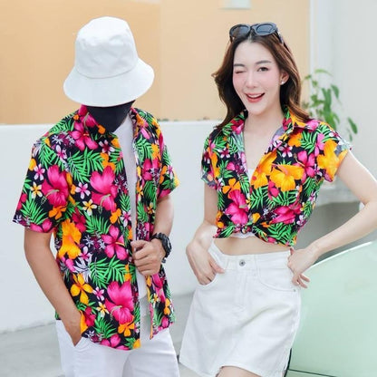 PINK024 เสื้อเชิ้ตลายดอกผ้าคอตตอน100% สีไม่ตก ผ้าไม่หด ลายคมชัด มีไซส์หญิงชาย S-5XL งานป้าย**1ตัว**