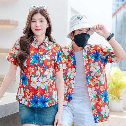 PINK018 เสื้อเชิ้ตลายดอก ผ้าคอตตอน100% สีไม่ตก ผ้าไม่หด ลายคมชัด มีไซส์หญิงชาย S-5XL งานป้ายKTIER*1ตัว*