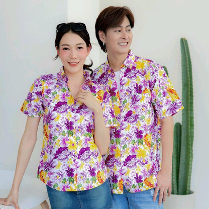 PINK013 เสื้อเชิ้ตลายดอก ผ้าคอตตอน100% สีไม่ตก ผ้าไม่หด ลายคมชัด มีไซส์หญิงชาย S-5XL งานป้าย KTIER*1ตัว*