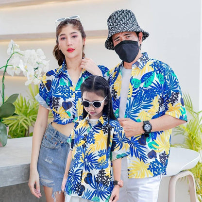 PINK3901# เสื้อฮาวาย ทรงวัยรุ่น หญิงชายใส่ได้ ผ้าโพลีพรีเมี่ยม ไซส์เด็ก-ผู้ใหญ่ งานป้าย ลายคมชัด **1ตัว**