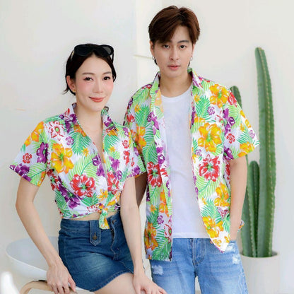 PINK017 เสื้อเชิ้ตลายดอก ผ้าคอตตอน100% สีไม่ตก ผ้าไม่หด ลายคมชัด มีไซส์หญิงชาย S-5XL  งาน   ป้ายKTIER*1ตัว*