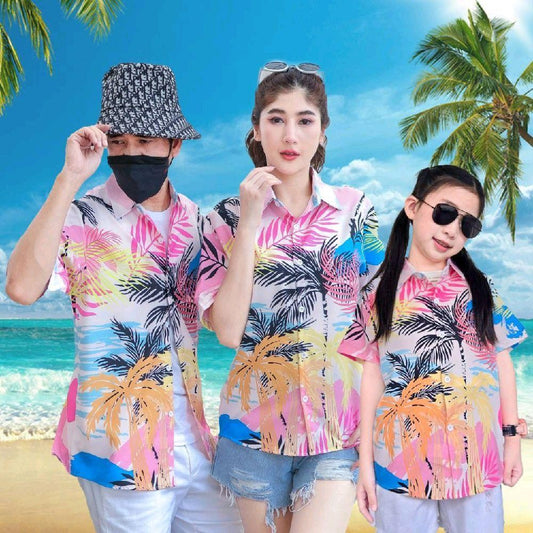 PINK3133 เสื้อฮาวาย สีสันสดใส ลายคมชัด ผ้าโพลีพรีเมี่ยม ไซส์เด็ก-ผู้ใหญ่8XL งานป้าย**1ตัว**