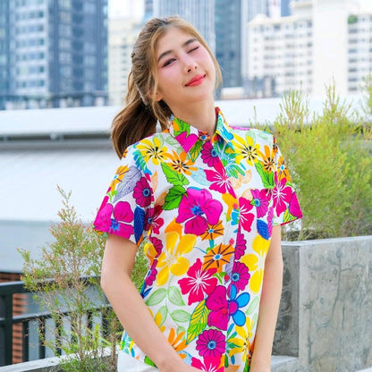 PINKเสื้อสงกรานต์ลายดอก ผ้าคอตตอน100% มีไซส์หญิง ชาย รุ่น0003