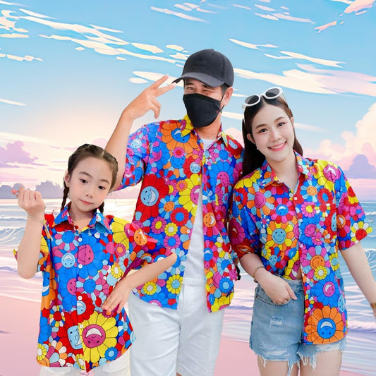 P3136 เสื้อฮาวายลายใหม่2025 ลายยิ้ม ทรงวัยรุ่น หญิงชายใส่ได้ ผ้าโพลีพรีเมี่ยม ไซส์เด็ก-ผู้ใหญ่ งานปัาย ลายคมชัด  1ตัว*