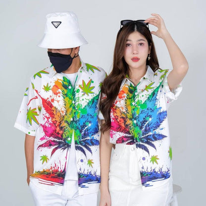 PINK3134 เสื้อฮาวายลายใหม่2025 ทรงวัยรุ่น หญิงชายใส่ได้ ผ้าโพลีพรีเมี่ยม ไซส์S-8XL งานปัาย ลายคมชัด  **1ตัว**