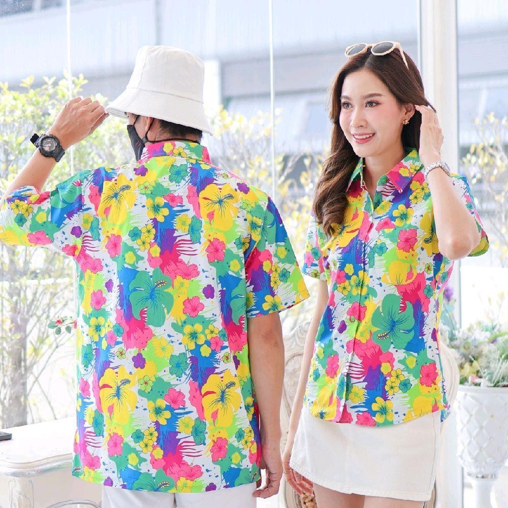 040เสื้อเชิ้ตลายดอก ผ้าคอตตอน100% สีไม่ตก ผ้าไม่หด ลายคมชัด มีไซส์หญิงชาย งานป้ายKTIERออกแบบเอง*1ตัว*