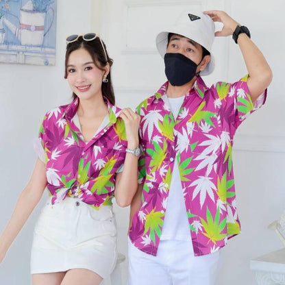 PINK06เสื้อฮาวายลายใบ ไซส์S-8XL ครบทีม ผ้าโพลีพลีเมี่ยม ทรงวัยรุ่น หญิงชายใส่ได้ ลายคมชัด **1ตัว**