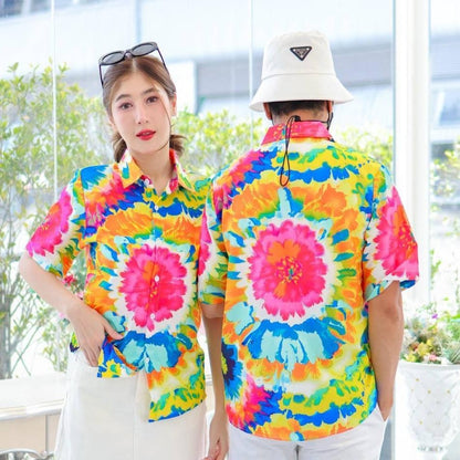 PINK3135เสื้อฮาวายลายมัดย้อม สีสันสดใส ไซส์S-8XL ผ้าโพลีพลีเมี่ยม ทรงวัยรุ่น หญิงชายใส่ได้ ลายคมชัด **1ตัว**