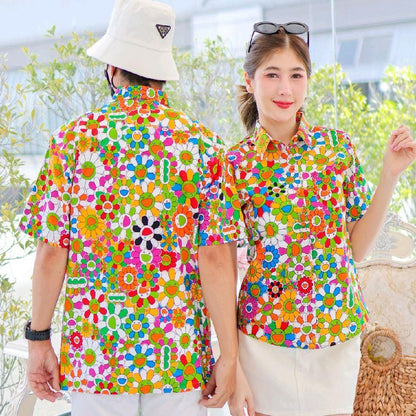 PINK034เสื้อเชิ้ตลายยิ้ม ผ้าคอตตอน100% สีไม่ตก ผ้าไม่หด ลายคมชัด มีไซส์หญิงชาย งานป้ายKTIERออกแบบเอง*1ตัว*