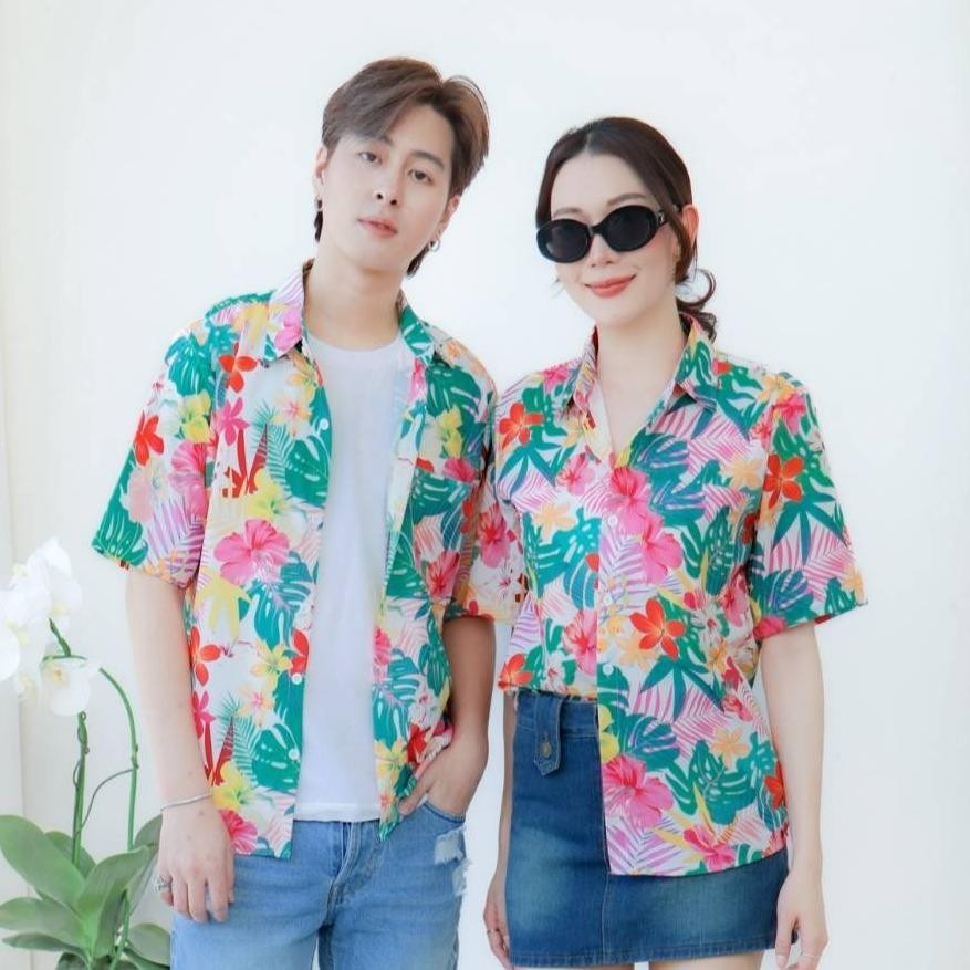 PINK3119เสื้อฮาวายลายดอก ไซส์เด็ก-ผู้ใหญ่8XL ครบทีม ผ้าโพลีพลีเมี่ยม ทรงวัยรุ่น หญิงชายใส่ได้ ลายคมชัด **1ตัว**