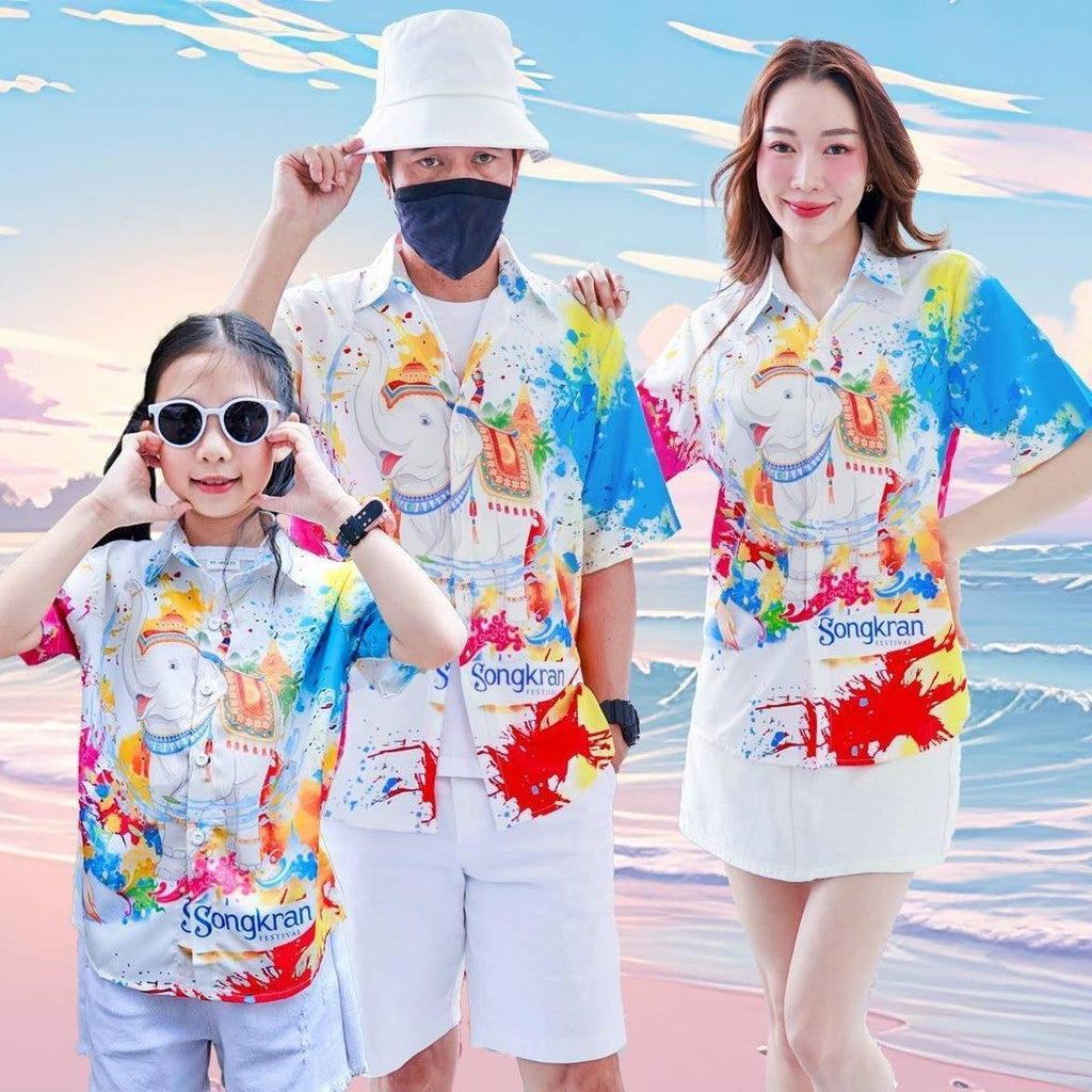 PINK3117เสื้อฮาวายลายช้างSongkran ไซส์เด็ก-ผู้ใหญ่8XL ครบทีม ผ้าโพลีพลีเมี่ยม ทรงวัยรุ่น หญิงชายใส่ได้ ลายคมชัด **1ตัว**