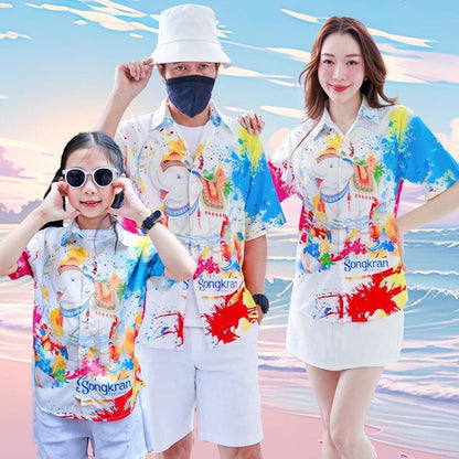 PINK3117เสื้อฮาวายลายช้างSongkran ไซส์เด็ก-ผู้ใหญ่8XL ครบทีม ผ้าโพลีพลีเมี่ยม ทรงวัยรุ่น หญิงชายใส่ได้ ลายคมชัด **1ตัว**