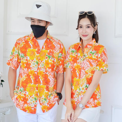 Pink019เสื้อเชิ้ตลายดอก ผ้าคอตตอน100% สีไม่ตก ผ้าไม่หดทลายคมชัด มีไซส์หญิงชาย34-56นิ้ว งานป้ายKTIER**1ตัว