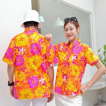 PINK029 เสื้อเชิ้ตลายดอก ผ้าคอตตอน100% สีไม่ตก ผ้าไม่หด ลายคมชัด มีไซส์หญิงชาย งานป้ายKTIERออกแบบเอง*1ตัว*