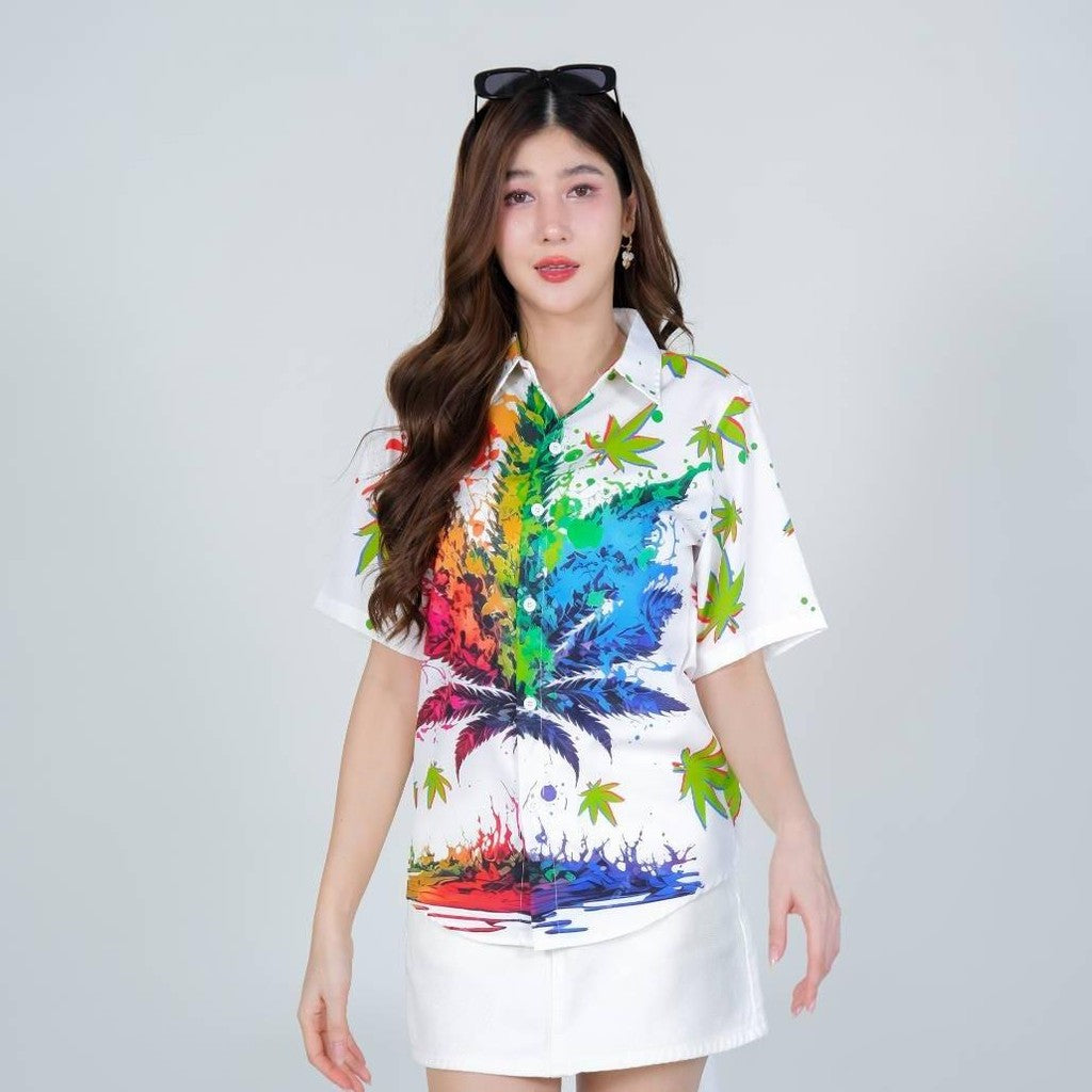 PINK3134 เสื้อฮาวายลายใหม่2025 ทรงวัยรุ่น หญิงชายใส่ได้ ผ้าโพลีพรีเมี่ยม ไซส์S-8XL งานปัาย ลายคมชัด  **1ตัว**
