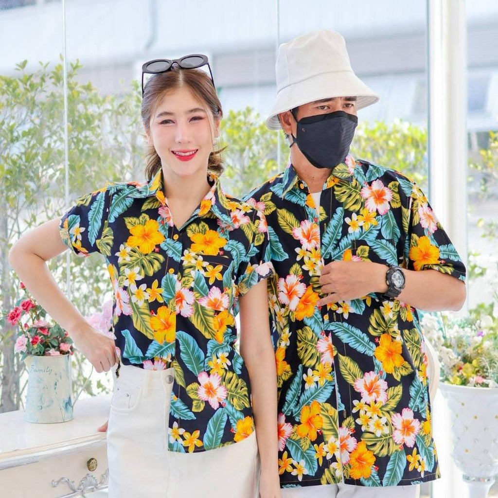 KING09 เสื้อเชิ้อสงกรานต์ลายดอก ผ้าคอตตอน100% สีไม่ตก ผ้าไม่หด ลายคมชัด มีไซส์หญิงชาย 34-56นิ้ว งานป้าย ออกแบบเอง*1ตัว*