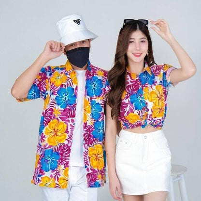 PINK030เสื้อเชิ้ตลายดอก ผ้าคอตตอน100% สีไม่ตก ผ้าไม่หดทลายคมชัด มีไซส์หญิงชาย34-56นิ้ว งานป้ายKTIER**1ตัว