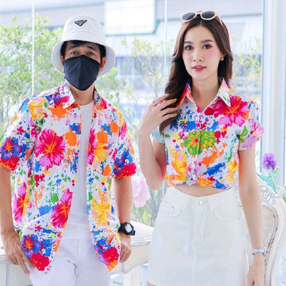 PINK038เสื้อเชิ้ตลายดอก ผ้าคอตตอน100% สีไม่ตก ผ้าไม่หด ลายคมชัด มีไซส์หญิงชาย งานป้ายKTIERออกแบบเอง*1ตัว*
