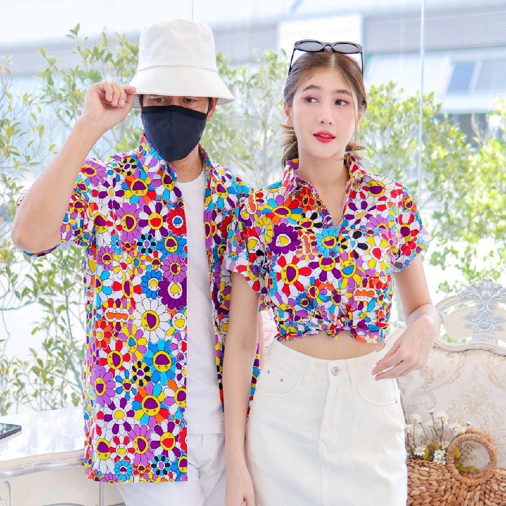 PINK034เสื้อเชิ้ตลายยิ้ม ผ้าคอตตอน100% สีไม่ตก ผ้าไม่หด ลายคมชัด มีไซส์หญิงชาย งานป้ายKTIERออกแบบเอง*1ตัว*
