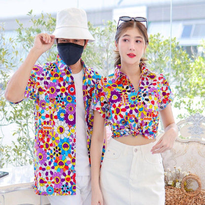 PINK034เสื้อเชิ้ตลายยิ้ม ผ้าคอตตอน100% สีไม่ตก ผ้าไม่หด ลายคมชัด มีไซส์หญิงชาย งานป้ายKTIERออกแบบเอง*1ตัว*
